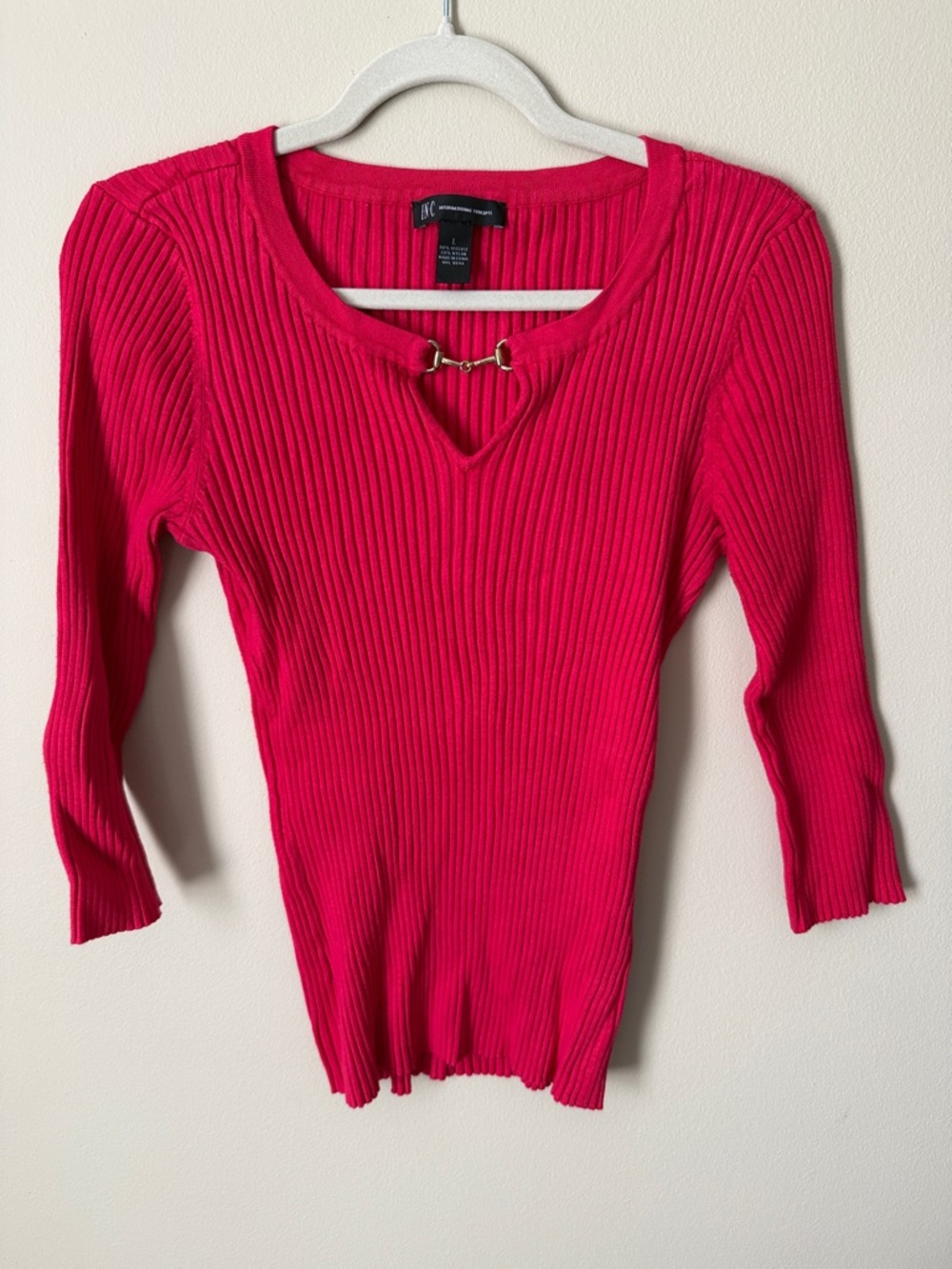 INC International Concepts Bright Pink Ribbed Long Sleeve Top with Gold Accent